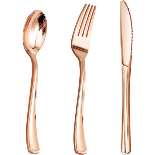 Goodluck 150PCS Rose Gold Plastic Silverware, Rose Gold Utensil Disposable, Plastic Cutlery Set of 50 Forks, 50 Spoons, 50 Knives for Wedding, Party, Valentines
