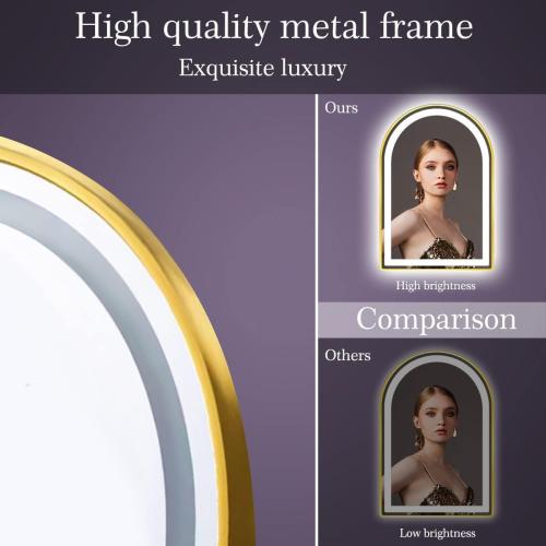 24 x 32 Inch Gold Arch LED Lighted Vanity Mirror for Bathroom Wall Makeup Desk Table Gold Arched Mirror with Lights AntiFog 3 Color Dimmable Bathroom 32in Gold Arched Smart Light up Mirror