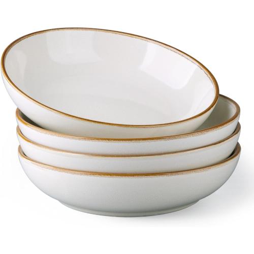 AmorArc 8.5'' Large Pasta Bowls, 36oz Ceramic Salad Serving Bowls Set of 6 for Kitchen, Wide Stoneware Bowls for Pasta,Salad,Fruit,Bread, Microwave Safe, Reactive-Pearl White