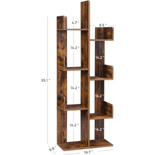 VASAGLE Bookcase, Tree-Shaped Bookshelf with 8 Storage Shelves, Rounded Corners, 19.7 x 9.8 x 55.1 Inches, Rustic Brown ULBC66BXV1