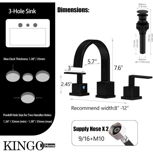 KINGO HOME Matte Black Bathroom Faucet, Black Faucet Bathroom 3 Hole 8inch Widespread Waterfall 2 Handle Black Faucets Bathroom Sink Vanity Faucet with Pop Up Drain and Supply Lines