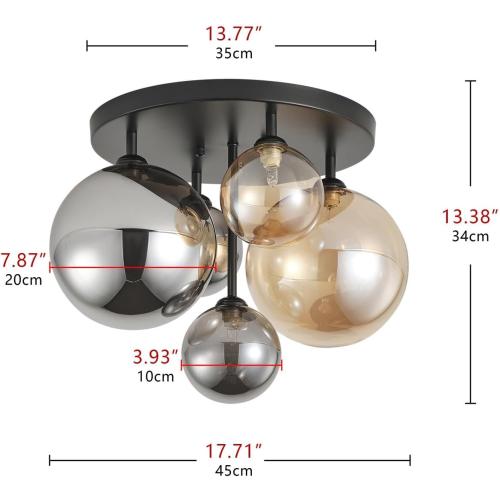 Aiwen 18 5-Light Black Semi Flush Mount Ceiling Light, Mid-Century Modern | Flush Mount Chandelier with Globe Glass Shade, Farmhouse Ceiling Light Fixture, Cluster Chandelier for Bedroom, Dining Room