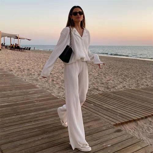 Medium Pleated 2 Piece Outfits for Women Long Sleeve Oversized Button Down Shirt Wide Leg Pants Sets Casual Loungewear