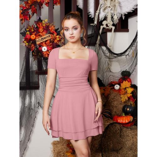 XXTAXN Women's Sexy Square Neck Short Sleeve Ruched Tiered Ruffle Hem Flowy Club Party Mini Dress large