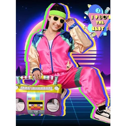 Mens Womens Retro 80s Pink And Blue Tracksuit With Accessory Unisex Top Bottom Costume Party