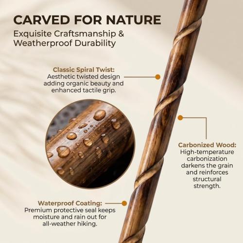 FOREST PILOT Big Ball Head Wooden Walking Stick Nature Color, 48 Inches | Natural Solid Wood, Handcrafted Carving, Twisted Style, Compass, Rubber Tip, Hand Strap