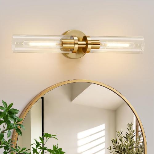 Brushed Gold Wall Sconces, Hardwired Bathroom Sconces Wall Lighting with Clear Glass, Modern Sconces Wall Light fixtures for Bathroom Mirror Living Room Hallway Bedroom