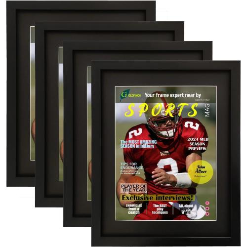 Goldfinch 4 Packs Sports Magazine Frame Displays Magazines Measuring 8.5 x 11.25 or 8.25 x 11 inches with Double Black Core Matting, Deep Frame Moulding, with Installed Hangers