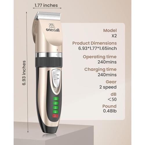 oneisall Dog Clippers Low Noise, 2-Speed Quiet Dog Grooming Kit Rechargeable Cordless Pet Hair Clipper Trimmer Shaver for Small and Large Dogs Cats Animals (Gold)