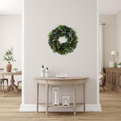 Prelit 24 Holiday Wreath – Lifelike Mixed Artificial Pine & Cedar with Blueberries and 50 Battery-Operated Color-Changing LED Lights, Steady, Twinkle Lights