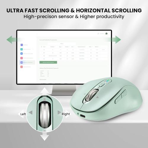 Wireless Bluetooth Mouse for Laptop,USB BT×2,Quiet Ergo Computer Mouses,Metal 4-Way Super Scrolling,± 3200 DPI,Rechargeable,10 Button,Plug&Play,Multi Device Cordless Mice for iPad,Tablet,Mac,PC(Green)