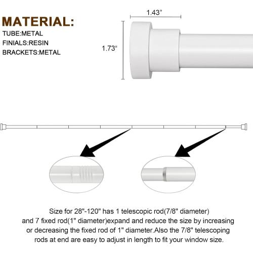 Size 66 to 120 Color White  White Curtain Rods for Windows 66 To 120 Inch, 1 Inch Heavy Duty Adjustable Curtain Rod With Modern Decorative End Cap Finials WIth Brackets【NOT TENSION ROD】