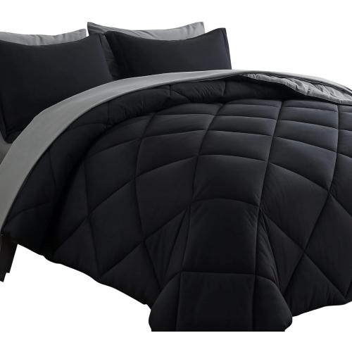 Cosybay Bed in a Bag Queen Reversible Comforter Sets 7pcs All Season Down Alternative Bedding Sets Black and Grey with Comforter, Pillow Shams, Flat Sheet, Fitted Sheet and Pillowcase