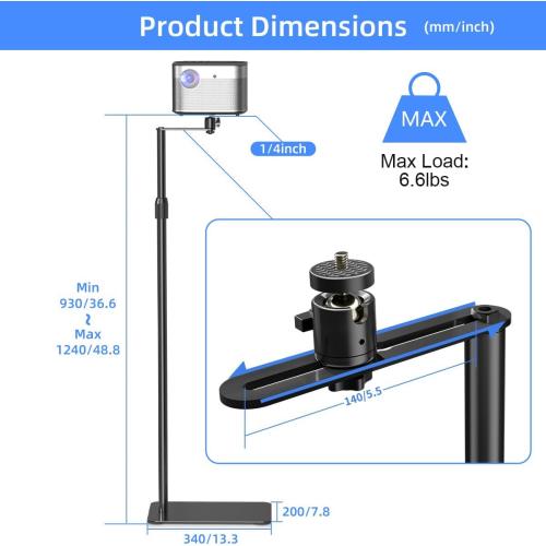 suptek Projector Stand Against Wall Hidden Stand, 360°Swivel, Height Adjustable, Mini Projector Mount Bracket, Compatible with Home Office Video Vlog DVR Camera, PR001FP