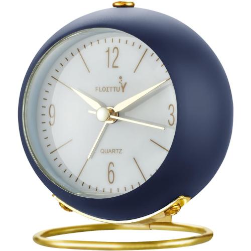 FLOITTUY Silent Table Analog Alarm Clock No Ticking, Lighted on Demand and Battery Operated, Beep Sounds, Small Desk Clock(Navy Blue)