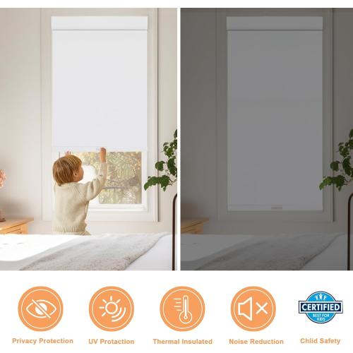 Persilux No Drill No Tools 100% Blackout Roller Shades for Window Blinds Cordless Room Darkening Roller Blinds, UV Protection Thermal Insulated Shades for Home Easy to Install (White, 31.5W x 72H)