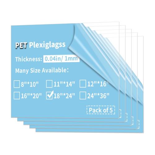 5 Pack 18x24 PET Plexiglass Sheets 0.04 Thick Clear Plexiglass Panels Transparent Plastic Sheets for Photo Frames, Poster Frames, Signs, Railing Guards, Pet Barriers, DIY Craft Projects,1mm