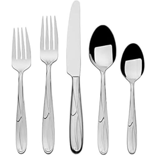 Mikasa Cocoa Blossom 65-Piece Flatware Set for 12, 18/10 Stainless Steel Silverware with Full Service and Serving Utensils, Elegant Floral Design