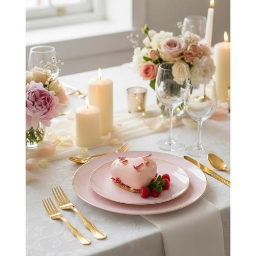 PULOTE 100PCS Pink Plastic Plates - Heavy Duty Pink and Gold Disposable for Party, Wedding, Valentines & Galentines Day, Include 50 Each (Dinner & Dessert) Plates