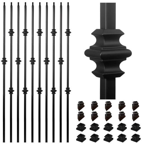 10 Pack Color Black  Staircases Iron Balusters -1/2'' Square Hollow Metal Spindles with Single Knuckle and Double Knuckle Design, Includes 10 Flat Shoes & 10 Angle Shoes