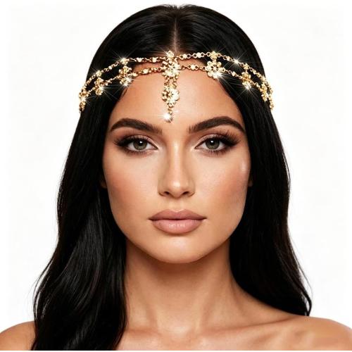 Yalice Gold Head Chain Indian Floral Bollywood Forehead Headpieces Elastic Goddess Bridal Wedding Hair Jewelry for Women