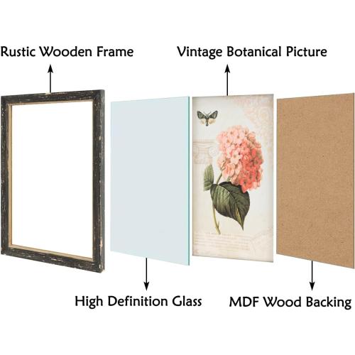 NIKKY HOME Vintage Botanical Wall Art Set of 2, Rustic Wooden Framed Floral Flower Plant Butterfly Pictures Prints Poster Decor for Bathroom Bedroom Living Room Kitchen Office, 13 x9 Inch