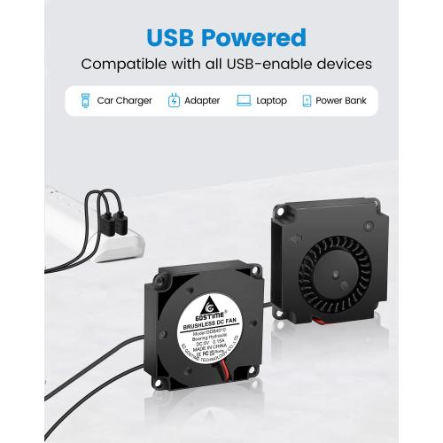 GDSTIME 40mm USB Blower Fan 5V with 3 Speed Control, Micro 5 Volt DC Brushless Fans 4010 Hydraulic Bearing 40x40x10mm for DIY Cooling (Pack of 2Pcs)