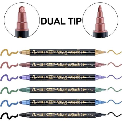 TRANSON 12Colors Metallic Paint Markers Bold and Fine Dual-tip for Rock Wood Ceramic Canvas DIY Painting Drawing