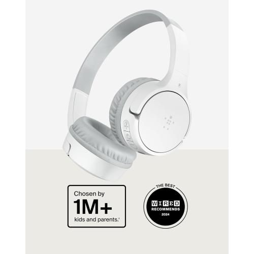Belkin SoundForm Mini Kids Wireless Headphones w/Built-in Microphone, 30H of Playback Time, Fun Stickers, & Case - Over-Ear Headsets for Online Learning, School, iPhone, iPad, Galaxy, & More - White