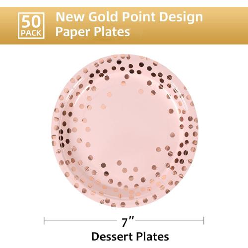 Pink & Rose Gold Dots Party Paper Plates, 50 PCS Disposable Party Supplies Dessert Paper Plates for Birthday Wedding Bridal Shower Supplies (7 inches)