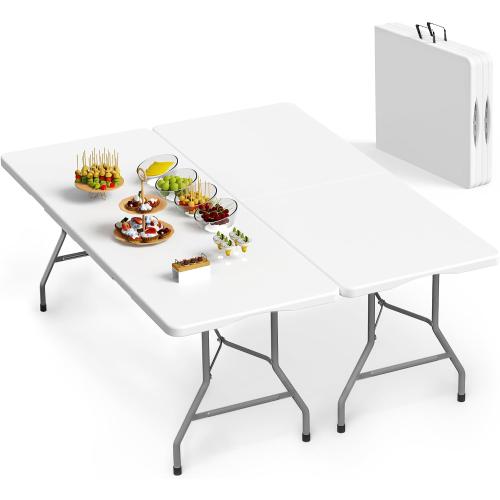 VSOAEIL 6 Foot Folding Table 2 Pack, 6 FT Foldable Plastic Table Heavy Duty | 6 Feet Portable Fold-in-Half Utility Folding Table with Handle for Picnic, Party, Dining, Camping, Indoor & Outdoor, White