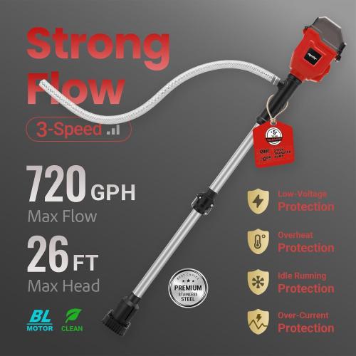 Cordless Stick Water Transfer Pump Compatible with Milwaukee 18V Battery | Tool Only, 720GPH Brushless Battery Powered Submersible Pump, Portable Sump Pump Utility Pump for Pool Garden Pond Boat RV