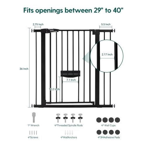 Babelio 36 Inch Extra Tall Baby Gate with Cat Door, 29.5-40 Metal Pet Door for Stairs, Doorways, House, Auto Close, Easy Walk Thru, Black