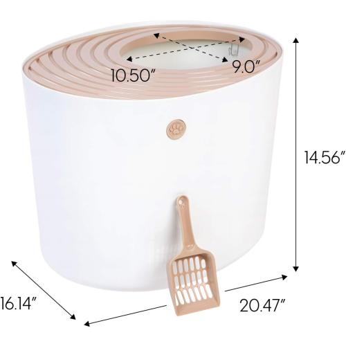 IRIS USA Cat Litter Box, Large Top Entry with Litter Catching Lid and Scoop, Dog Proof, Cat Box Enclosure, Beige/White