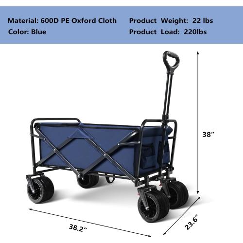 Size Large Color Blue Large Collapsible Wagon Cart Heavy Duty Foldable, Large Capacity Foldable Grocery Beach Wagon for Camping Sports Shopping, Blue