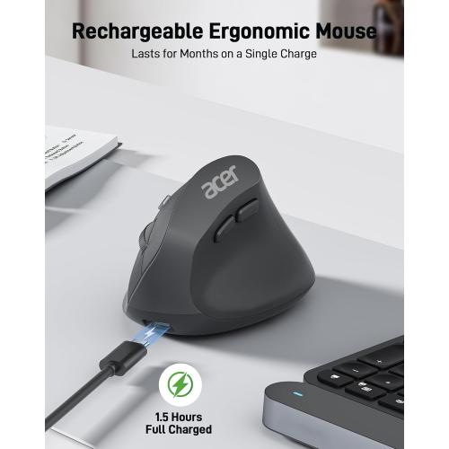 acer Ergonomic Mouse Wireless, Adjustable DPI Vertical Mouse 1000/1200/1600 with 6 Buttons, Rechargeable Ergo Mice with 2.4GHz USB Receiver for Computer, Laptop, PC, iMac and Desktop