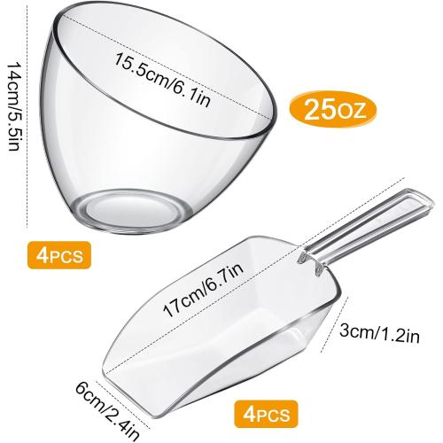 Hoolerry 8 Pcs Serving Bowls Kit Include Plastic Bowls for Parties and Popcorn Measuring Scoops Acrylic Plastic Kitchen Angled Candy Scoops for Office Canister Salad Cooking (Clear,25 oz)