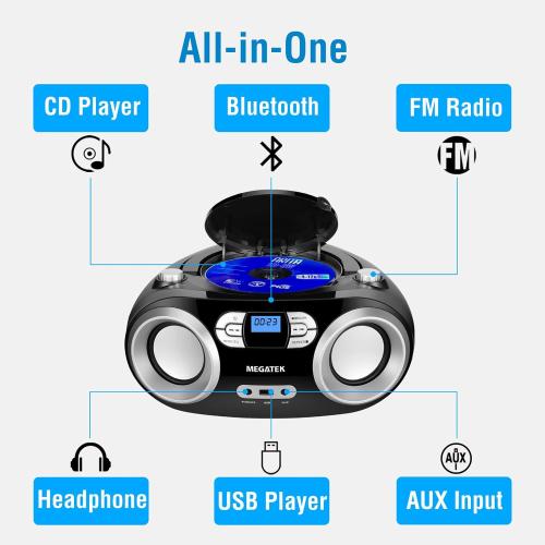 MEGATEK Portable CD Player Boombox with FM Radio, Bluetooth, USB Port, AUX Input, and Headphone Jack – CD-R/CD-RW/MP3-CD Compatible, Clear Stereo Sound, Backlit LCD Display – Black