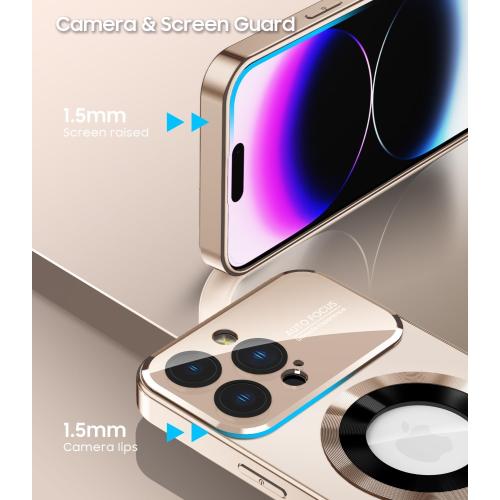 Magnetic for iPhone 14 Pro Max Case, Compatible with MagSafe, Built-in Camera Lens Protector, Logo View, Military Grade Drop Proof Phone Case Cover, Desert Titanium