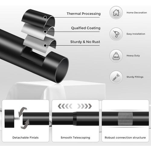 Curtain Rods for Windows 48 to 84 Inch(4-7 Feet),Black 1'' Diameter Drapery Rods with End Cap Style Design,Modern Adjustable Heavy Duty Curtain Rod,Size:36''-88''