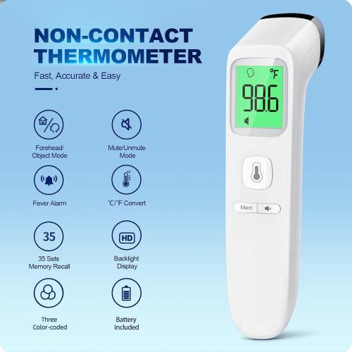 No-Touch Thermometer for Adults and Kids, Accurate Digital Baby Thermometer, Fever Alarm & Silent Mode, 2 in 1 Forehead & Object Mode