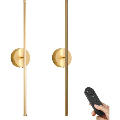 Battery Operated Wall Sconces with Remote Control, Dimmable Wall Sconces Set of Two, 350°Rotate, 3000K LED Gold Wireless Wall Light for Living Room, Bedroom, Hallway, 28.3 Inch (2 Pack)