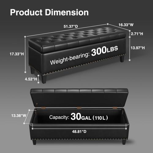 Size 51 Color Black Storage Ottoman Bench,51-Inch Large Storage Bench for Bedroom End of Bed, 30 Gallons Faux Leather Ottoman with Storage for Bedroom, Living Room, Entryway, Black
