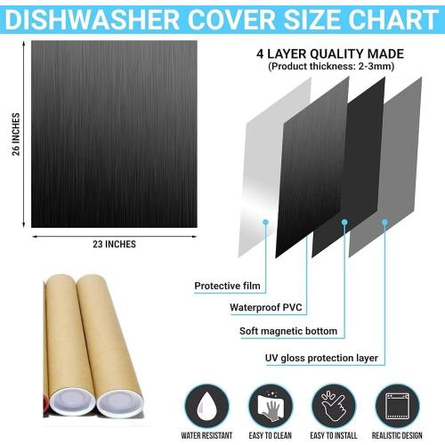 Black Brushed Stainless Steel Dishwasher Magnet Skin Cover, Black Metal Pattern Front Dishwasher Cover Magnet Decoration, Stainless Steel Home Cabinet Decals Appliances Sticker - 23L x 26H Magnetic