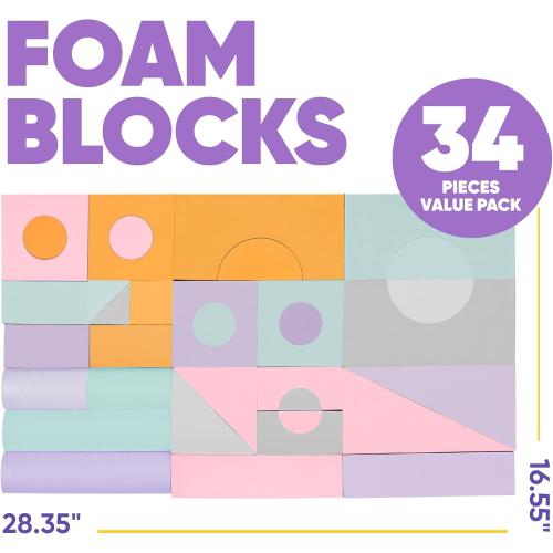 Set of 34 Jumbo Large Foam Blocks for Toddlers - Stacking Soft Blocks for Kids with Shapes & Colors Learning - Construction Building Preschool Toys - Giant Foam Bath Blocks for Toddlers 3-5 & above