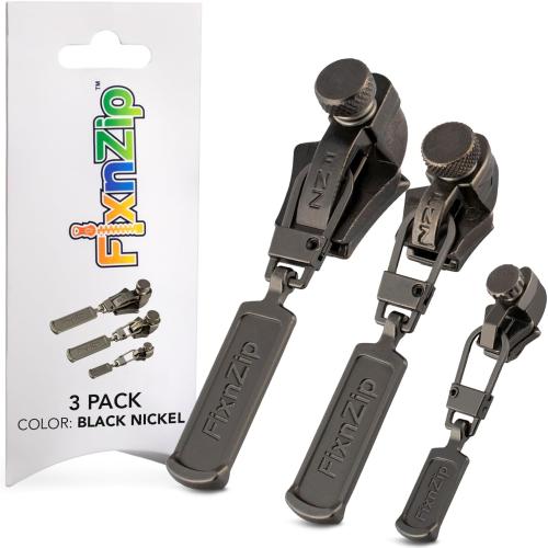 FixnZip (Black Nickel 3 Pack S,M,L) - Universal Zipper Repair Kit for Jackets, Luggage, Bags - Backpack Zipper Replacement Repair Kit - Instant Zipper Fix