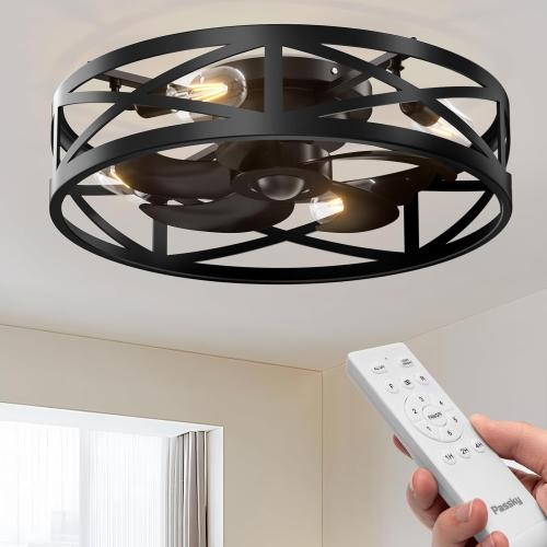 Black 20 Fandelier Ceiling Fan with Light, Caged Bladeless Ceiling Fans with Remote, Farmhouse Flush Mount Fan for Bedroom, Kitchen, Living Room, Black