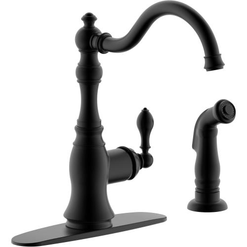 Matte Black Kitchen Faucet with Side Spray,8 Inch Single Handle Sink Kitchen Faucet with Deck Plate,2 Hole or 4 Hole Installation,Classic Style,KF-6832TB-MT