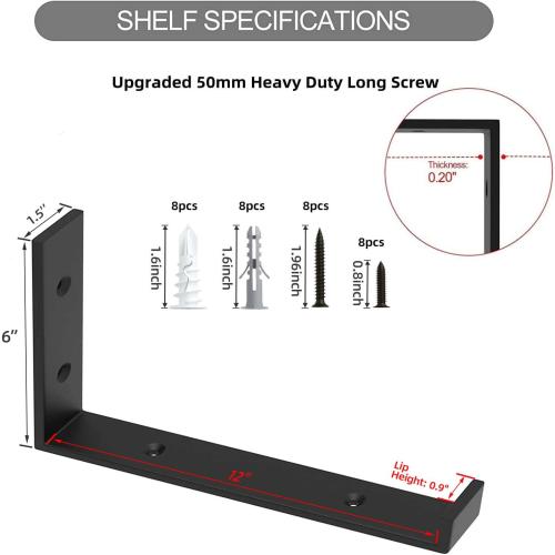 Shelf Bracket, Heavy Duty Floating Shelf Brackets 12-Inch Long, 4-Pack Brackets for Shelves, Black Coated J Shape Metal Wall Shelf Support Brackets with 1/5-Inch Thick and 160 lb. Load Capacity