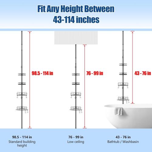 HOUSE AGAIN Corner Shower Caddy Tension Pole with Rotatable Shelves, 4 Ties Adjustable Shelves and 2 Hooks for Bathroom, Rustproof Shower Organizer and Storage, Pole Fit 43-114 Inch Height